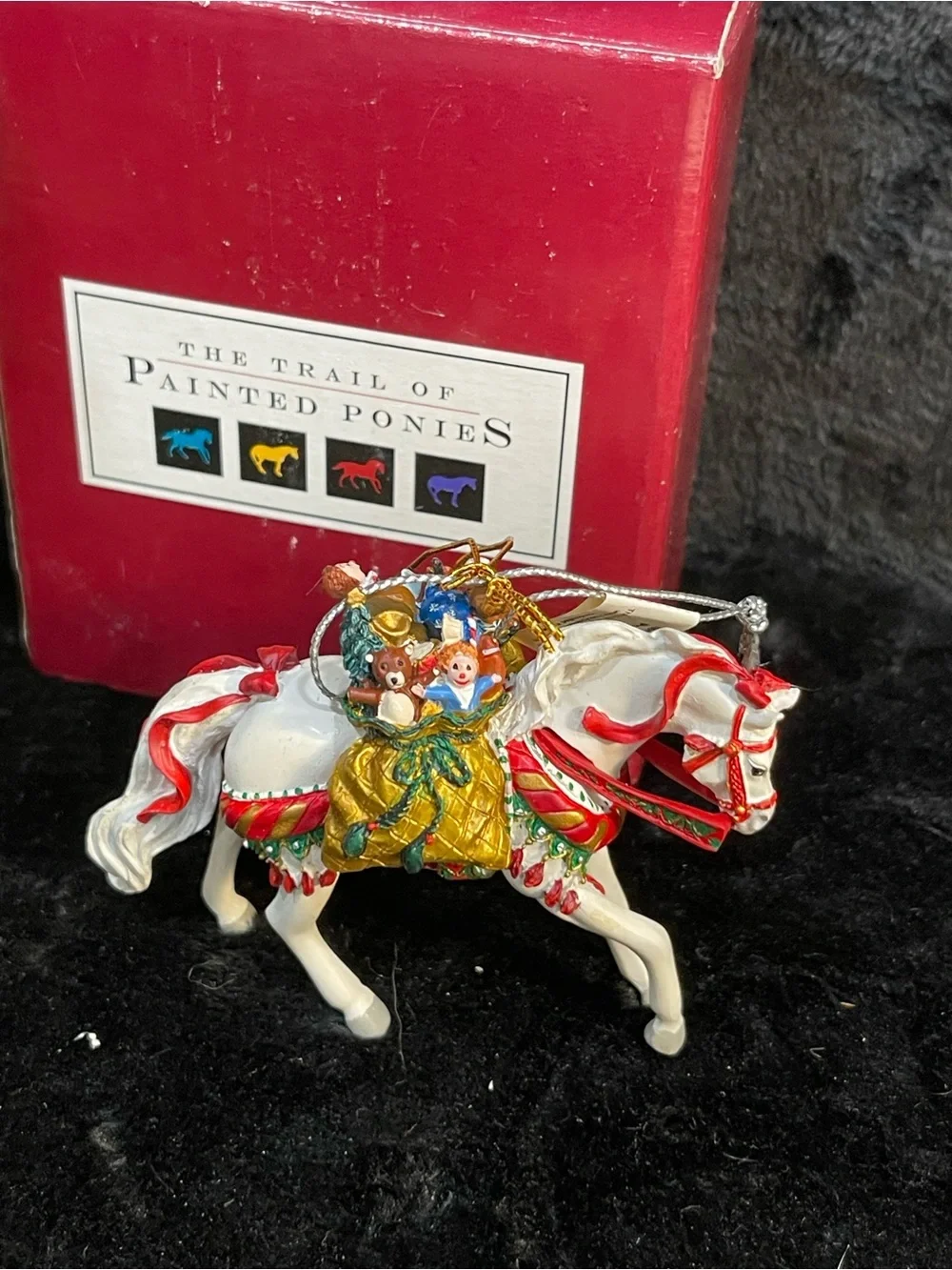 White and Red Carousel Horse Holiday Ornament with Gold Toy Saddle
